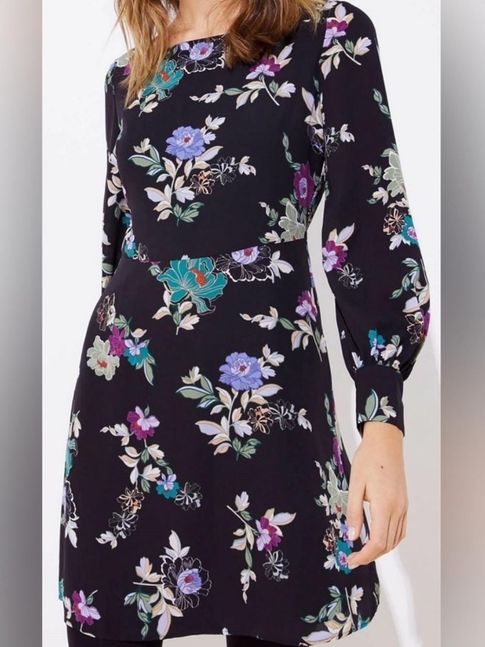 Loft Black Floral Square Neck Long Sleeve Dress Size 0